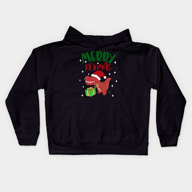 Funny Merry Rexmas TRex Cute Christmas Hat Merry Xmas Kids Hoodie by alcoshirts